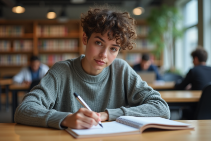 Jeune femme écrivant des notes dans une bibliothèque moderne
