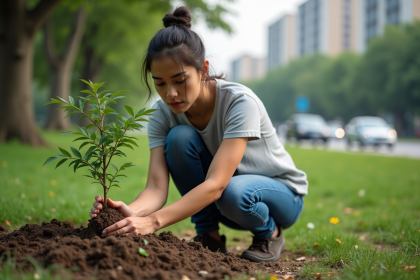 Jeune femme plante un arbre dans un parc urbain