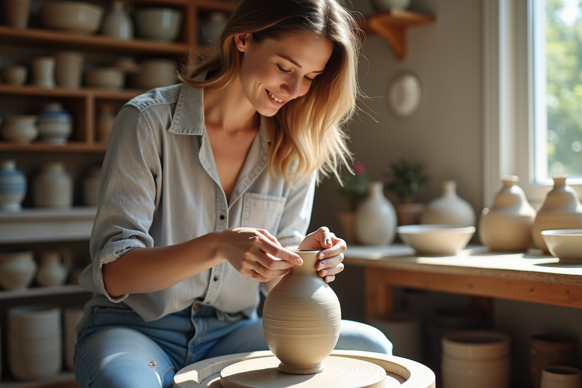 Jeune femme façonnant un vase en poterie à Paris