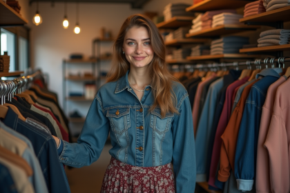 Jeune femme souriante dans une friperie vintage