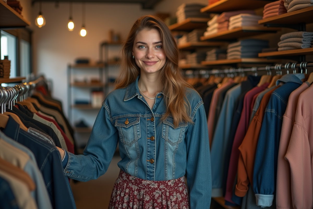 Jeune femme souriante dans une friperie vintage