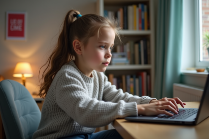 Jeune fille concentrée sur son ordinateur dans sa chambre d'adolescent