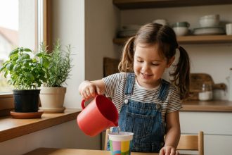 Jeune fille de 3 ans verse de l'eau dans un verre en cuisine