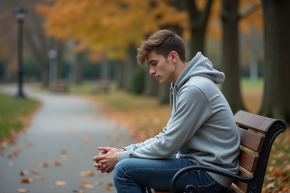 Jeune homme en contemplation sur un banc en automne