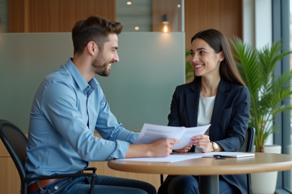 Jeune homme en banque avec conseillère lors d'une rencontre