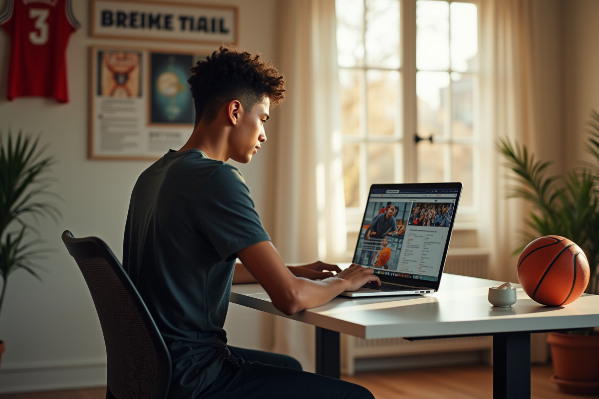 Jeune homme concentré sur son ordinateur avec memorabilia de basketball