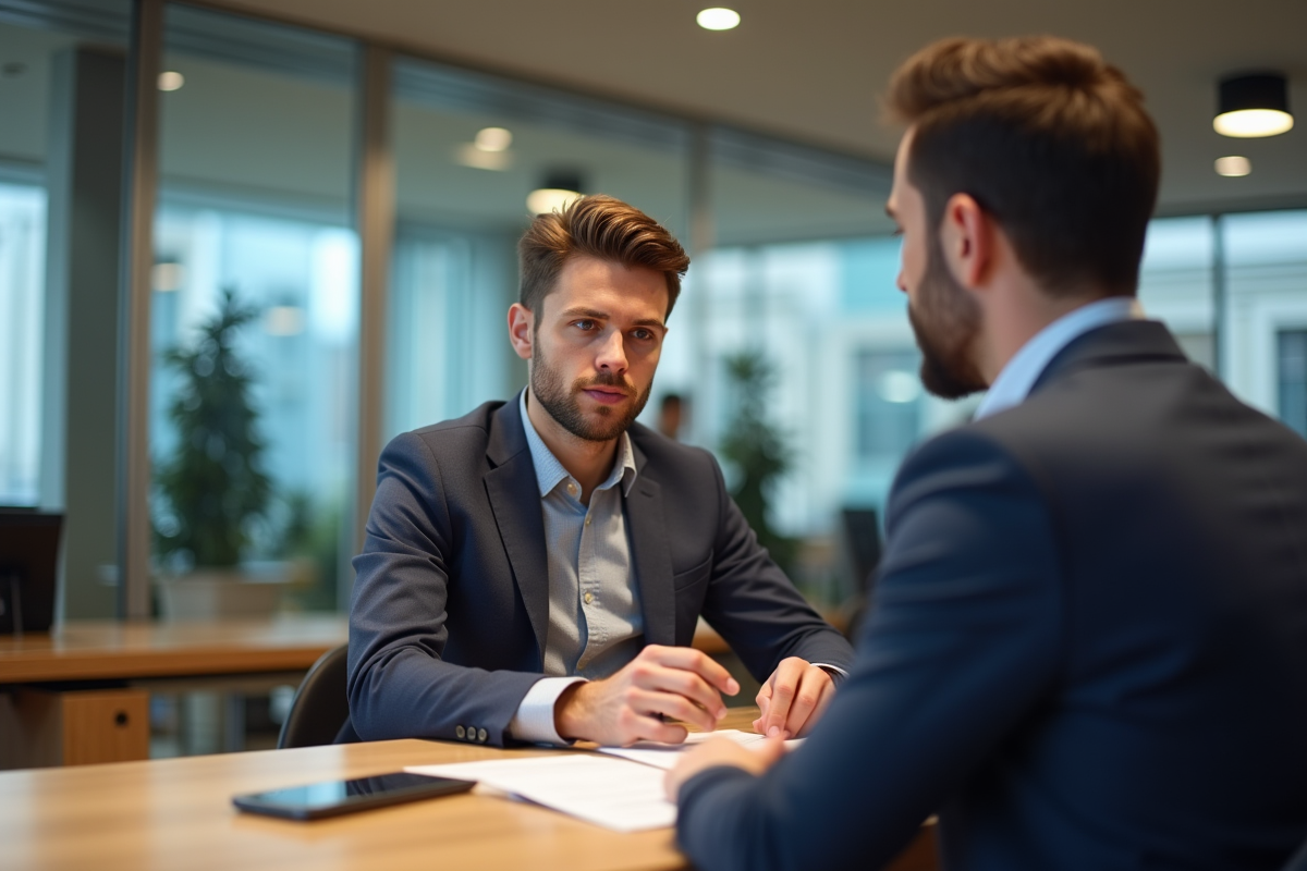 Jeune homme français parle avec un conseiller bancaire dans une banque moderne