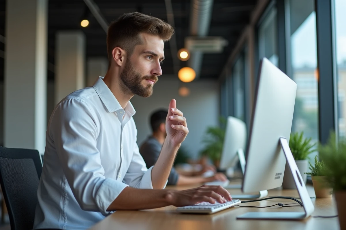 Jeune homme au coworking utilisant un ordinateur de bureau