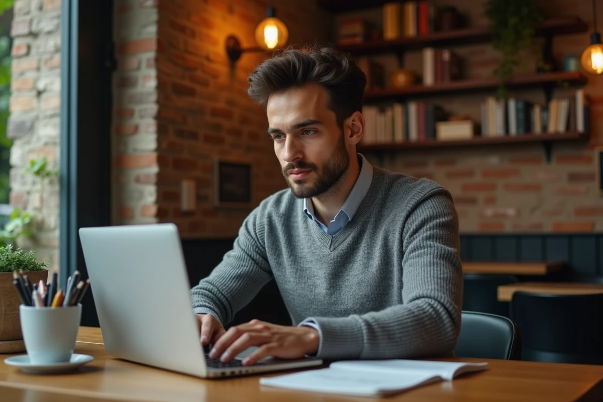Jeune homme français travaillant sur son ordinateur au café