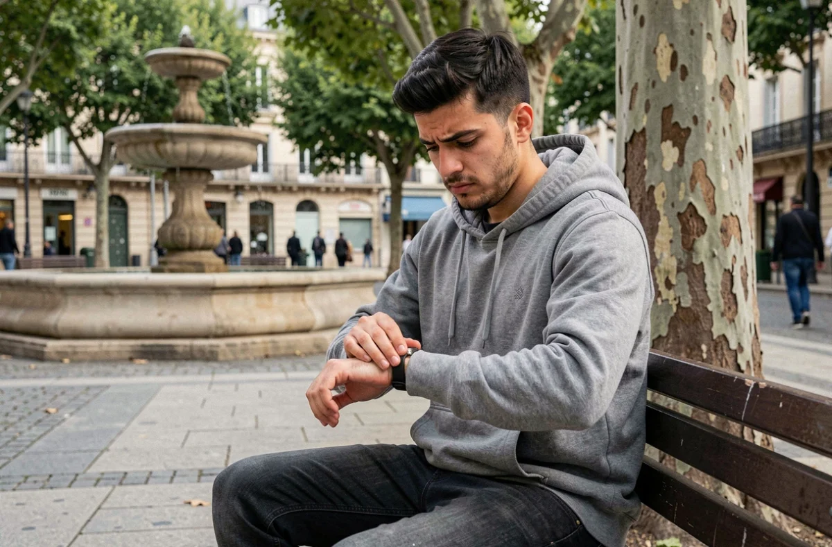 Jeune homme musulman vérifiant les horaires de prière sur sa montre connectée dans une place publique de Valence
