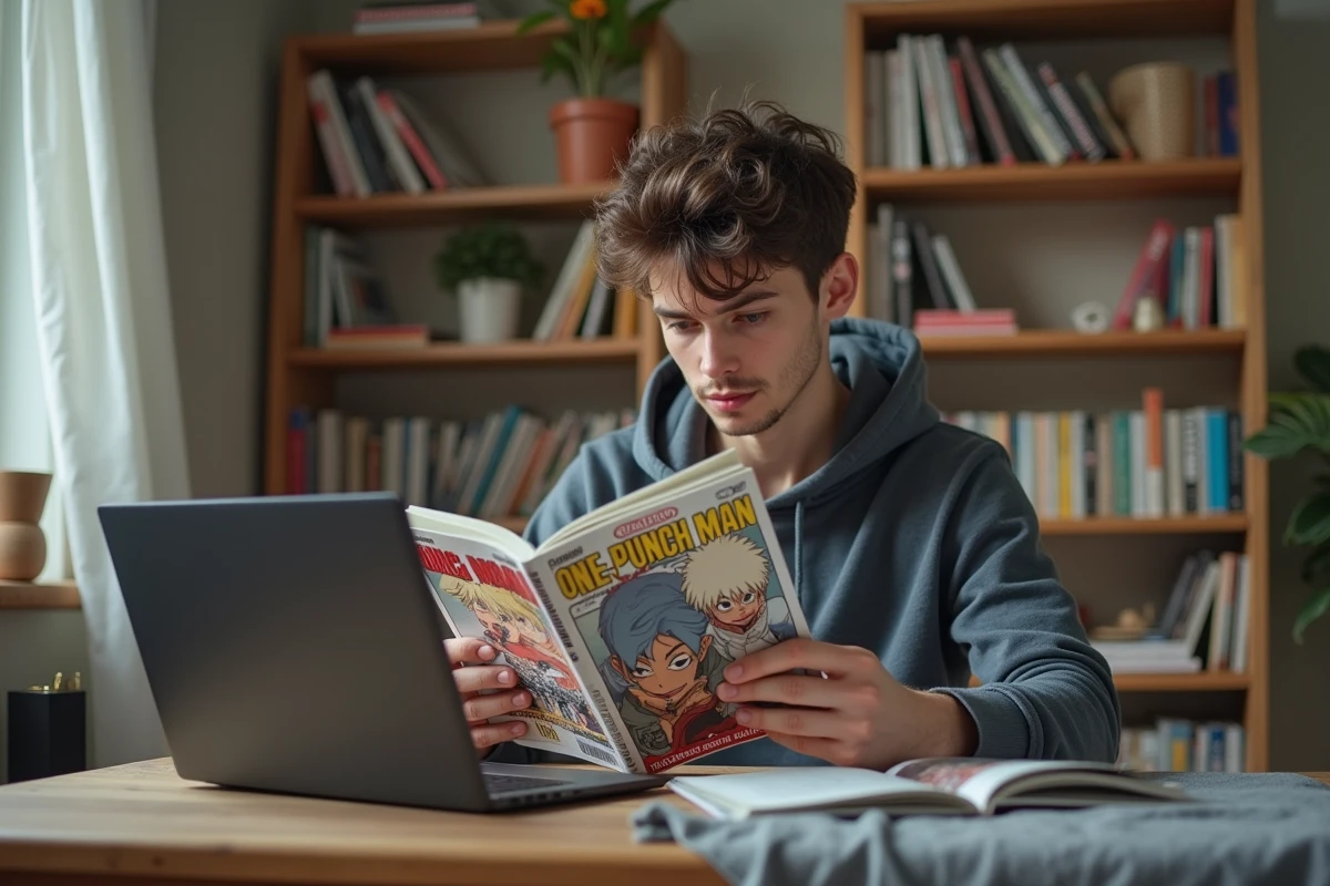 Jeune homme feuilletant un manga ONE Punch Man dans sa chambre