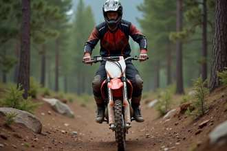 Jeune homme en motocross sur sentier forestier