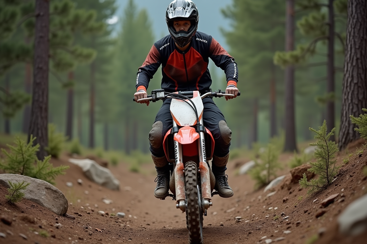 Jeune homme en motocross sur sentier forestier