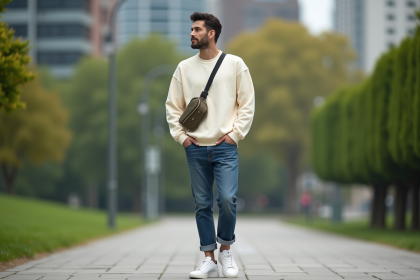 Jeune homme en sweat crème dans un parc urbain
