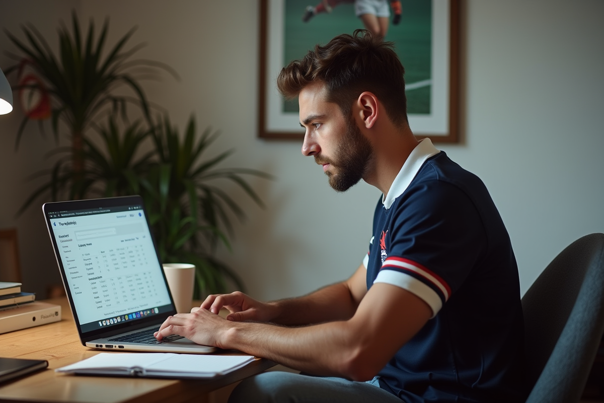 Jeune homme en rugby regardant des statistiques sur son ordinateur