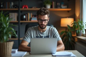 Jeune homme concentré sur son ordinateur dans un homeoffice