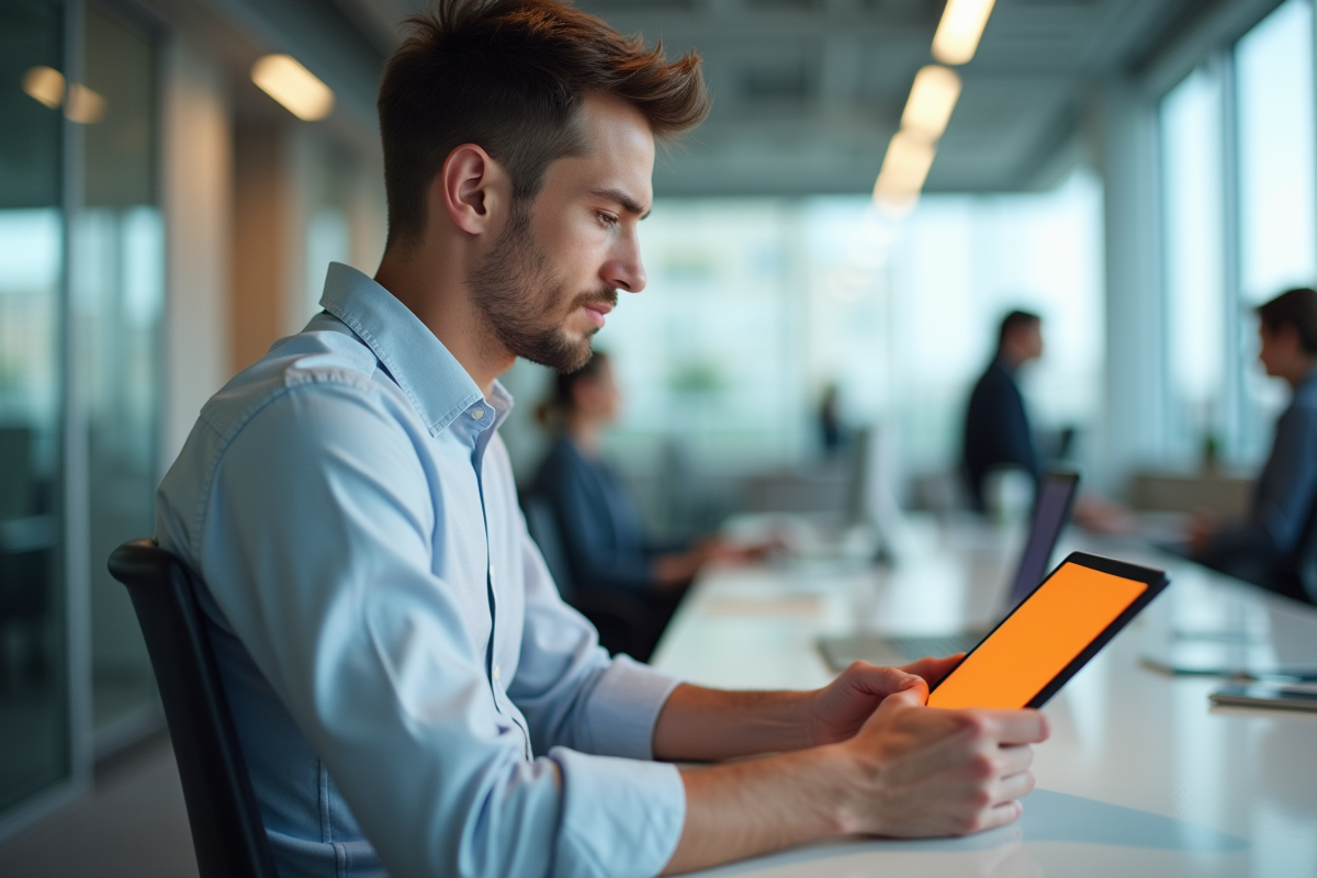 Jeune homme concentré travaillant sur une tablette dans un bureau