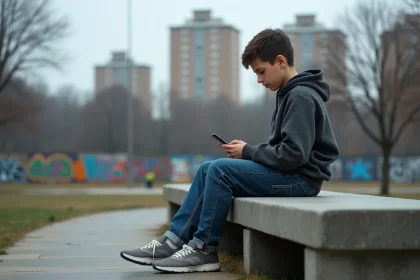 Adolescent seul sur un banc urbain regardant son téléphone