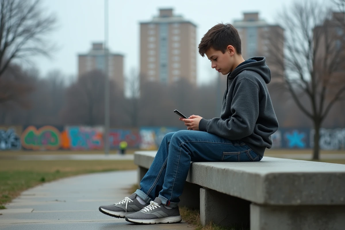 Adolescent seul sur un banc urbain regardant son téléphone