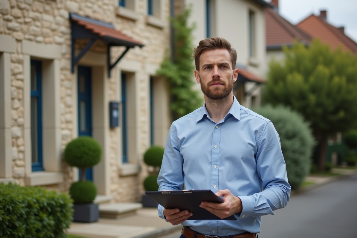 Jeune homme regardant une maison dans un quartier résidentiel français