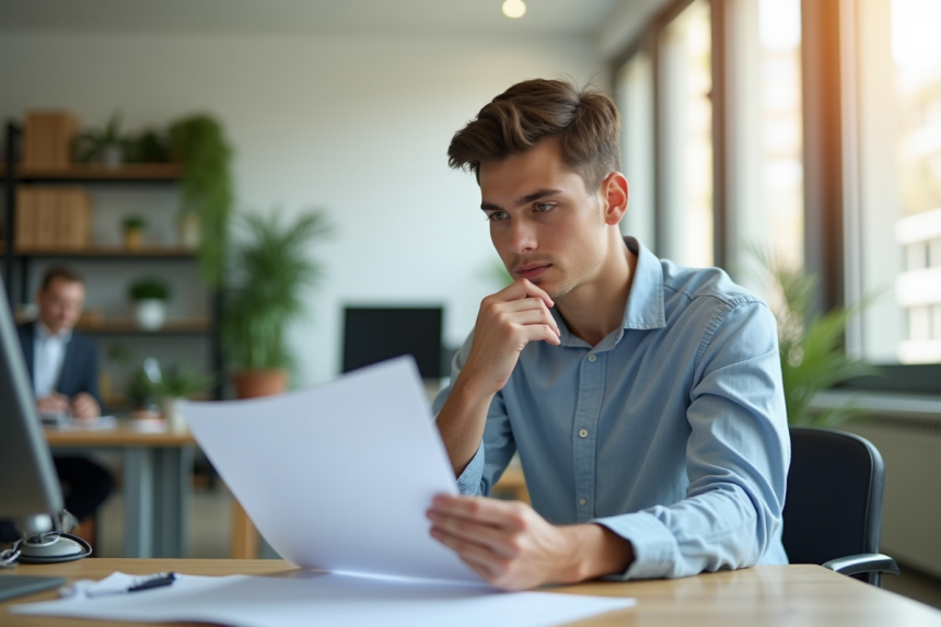 Jeune professionnel au bureau examinant des documents