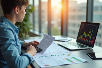 Jeune professionnel examinant ses fiches de paie et graphiques financiers