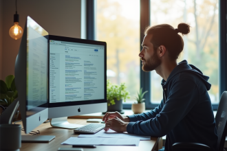 Jeune professionnel analysant résultats de recherche sur un ordinateur lumineux