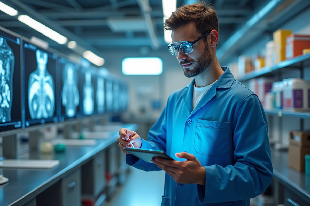 Jeune scientifique avec tablette dans un laboratoire futuriste