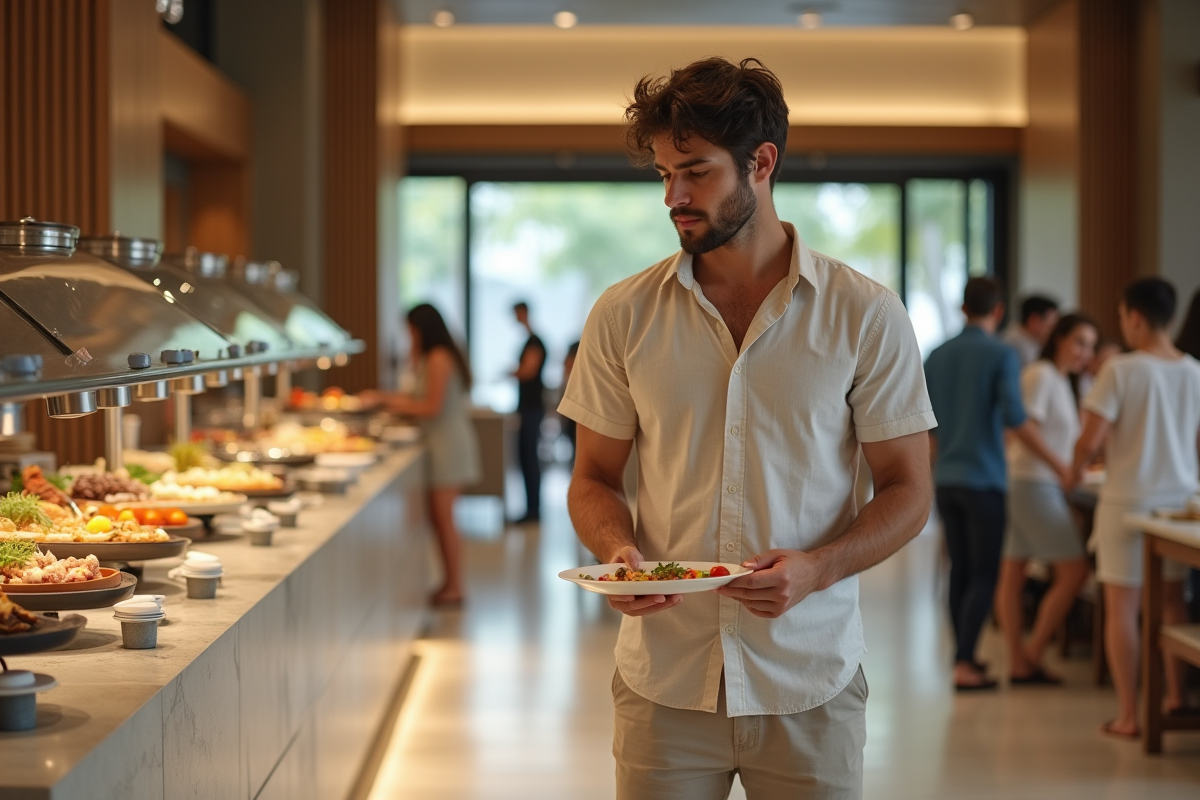 Jeune voyageur explorant un buffet dans un hall moderne