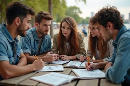 Groupe de jeunes adultes discutant autour de mangas en plein air