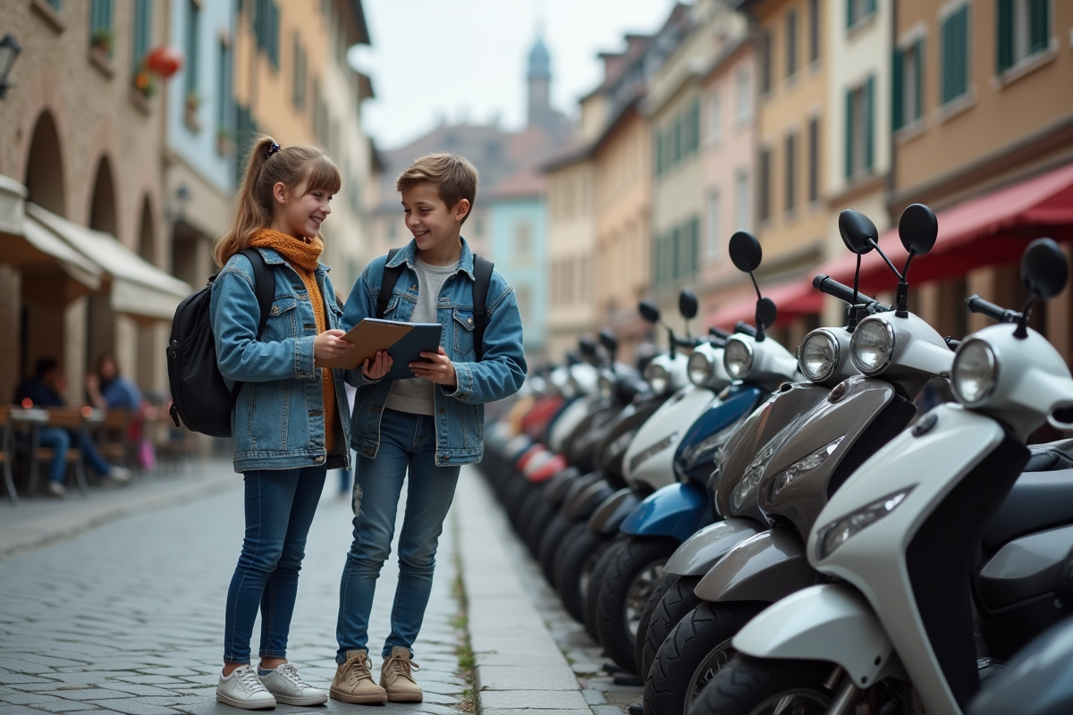 Adolescents devant rangée de motos en ville européenne