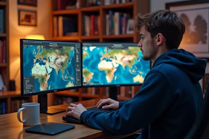 Joueur concentré optimisant son farm de dimensions sur Dofus Portals devant un setup gaming double écran à domicile
