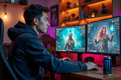 Joueur MMORPG gérant des mules métiers sur double écran dans un bureau gaming cosy