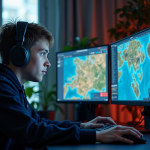Jeune adulte concentré jouant à un jeu de stratégie sur PC haut de gamme