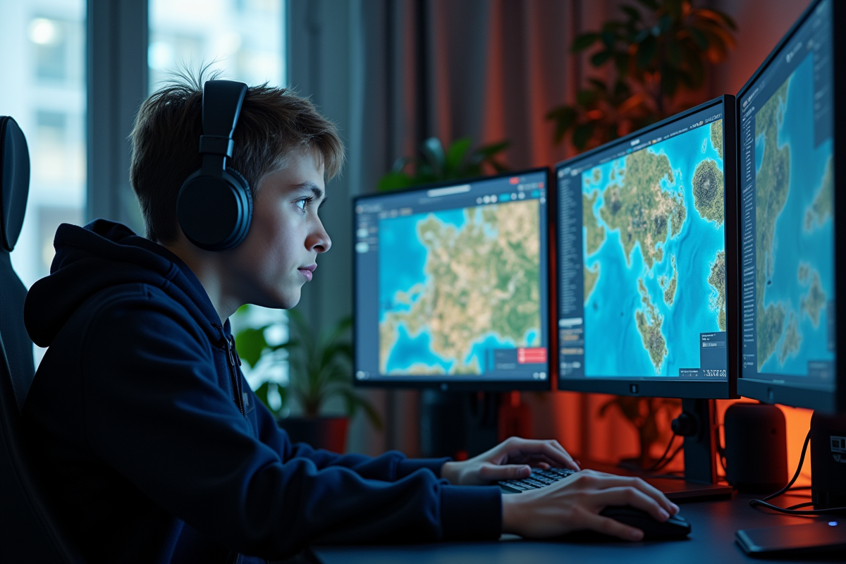 Jeune adulte concentré jouant à un jeu de stratégie sur PC haut de gamme