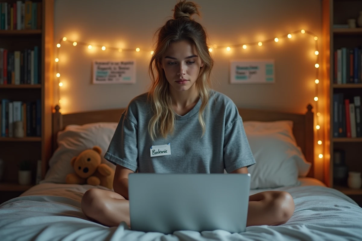 Joueuse MMORPG prenant des notes de stratégie pour optimiser ses mules métiers depuis sa chambre