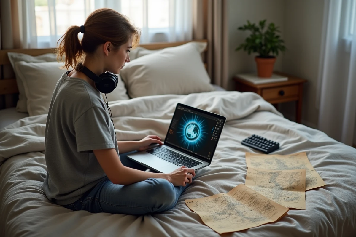 Joueuse de Dofus gérant ses portails de dimensions depuis son lit avec un laptop et des notes manuscrites