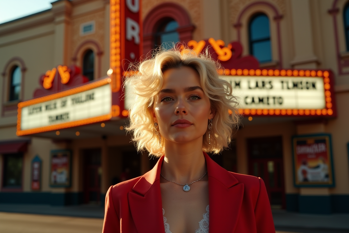 Julia Garner devant un théâtre en soirée élégante