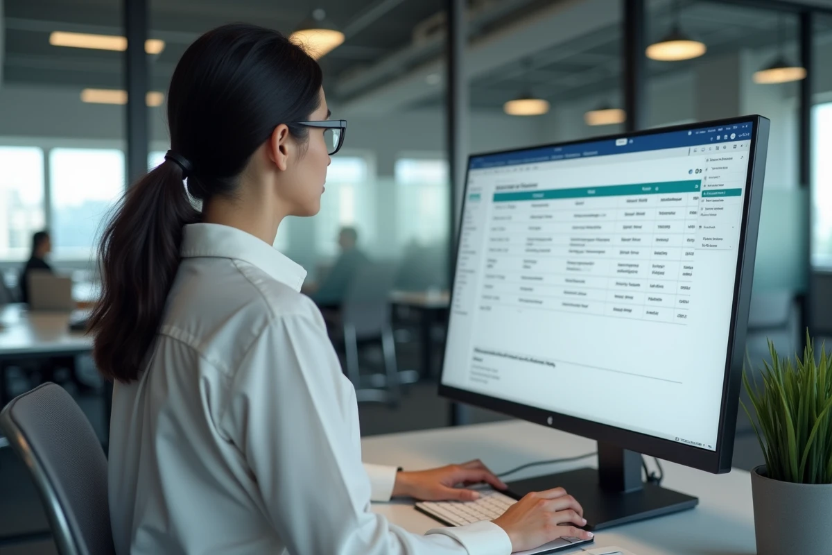 Juriste en droit public analysant des décisions récentes sur une plateforme de veille juridique dans un bureau moderne