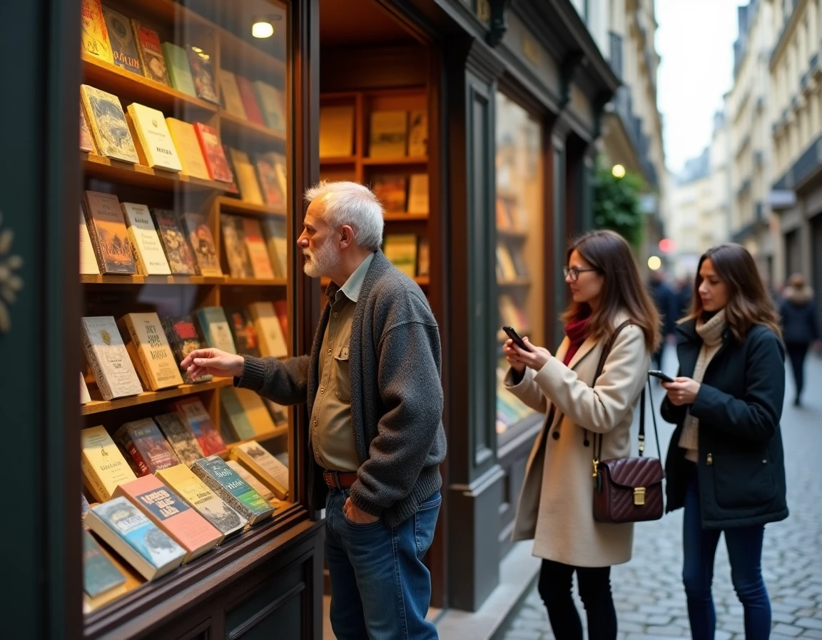 Librairie ancienne du Passage Vivienne avec le libraire et des touristes curieuses devant la vitrine