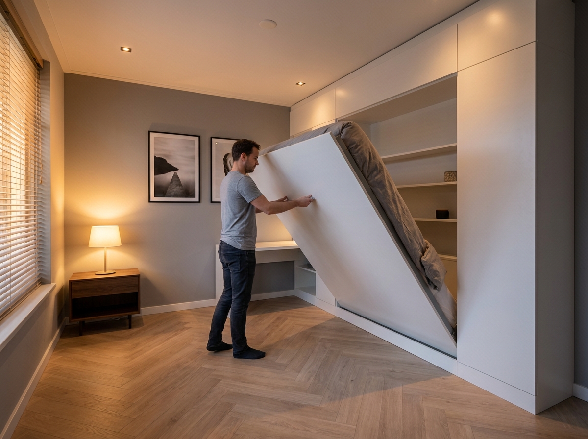 Homme dépliant un lit escamotable Murphy dans une chambre bureau minimaliste en fin de journée