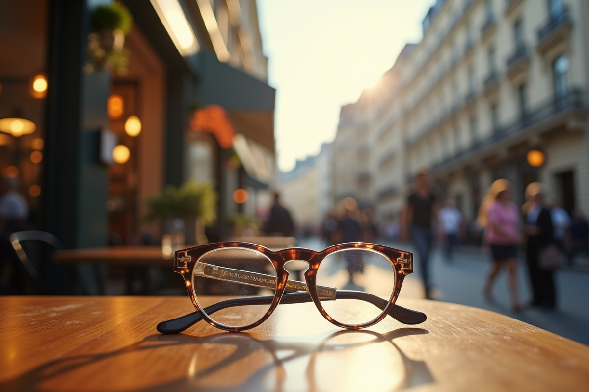 Lunettes à la mode sur une table de café à Paris