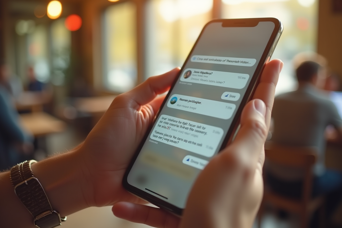 Mains tenant un smartphone affichant une conversation