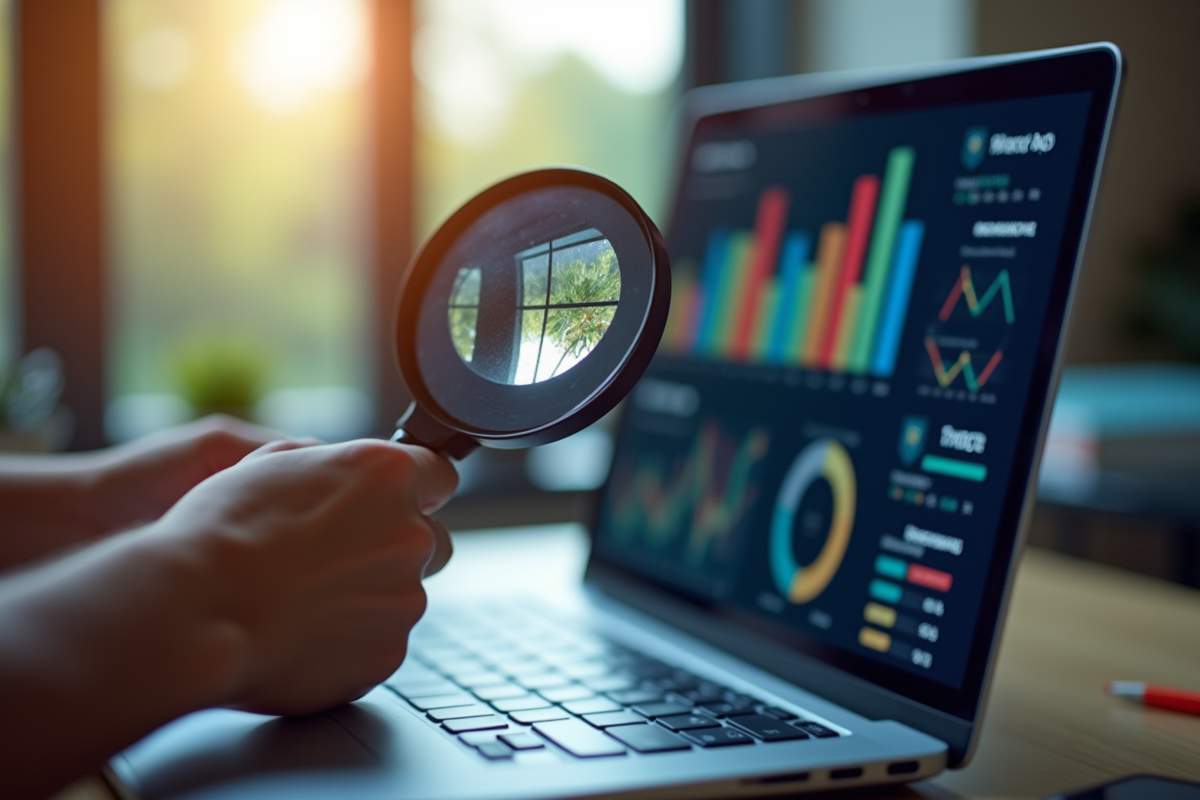 Mains tenant une loupe au-dessus d’un écran avec graphiques et icônes de recherche