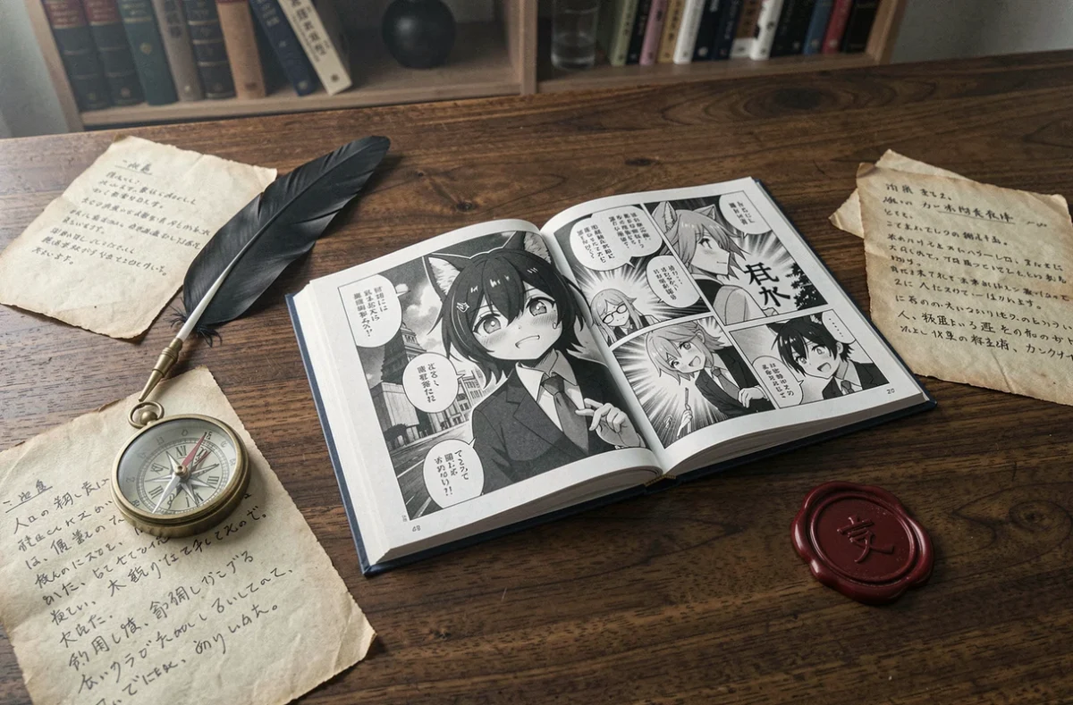Mise en scène éditoriale d'un manga The Fox-Eyed Villain ouvert sur un bureau en noyer avec accessoires académiques fantastiques, présentation détaillée de la série avant lecture