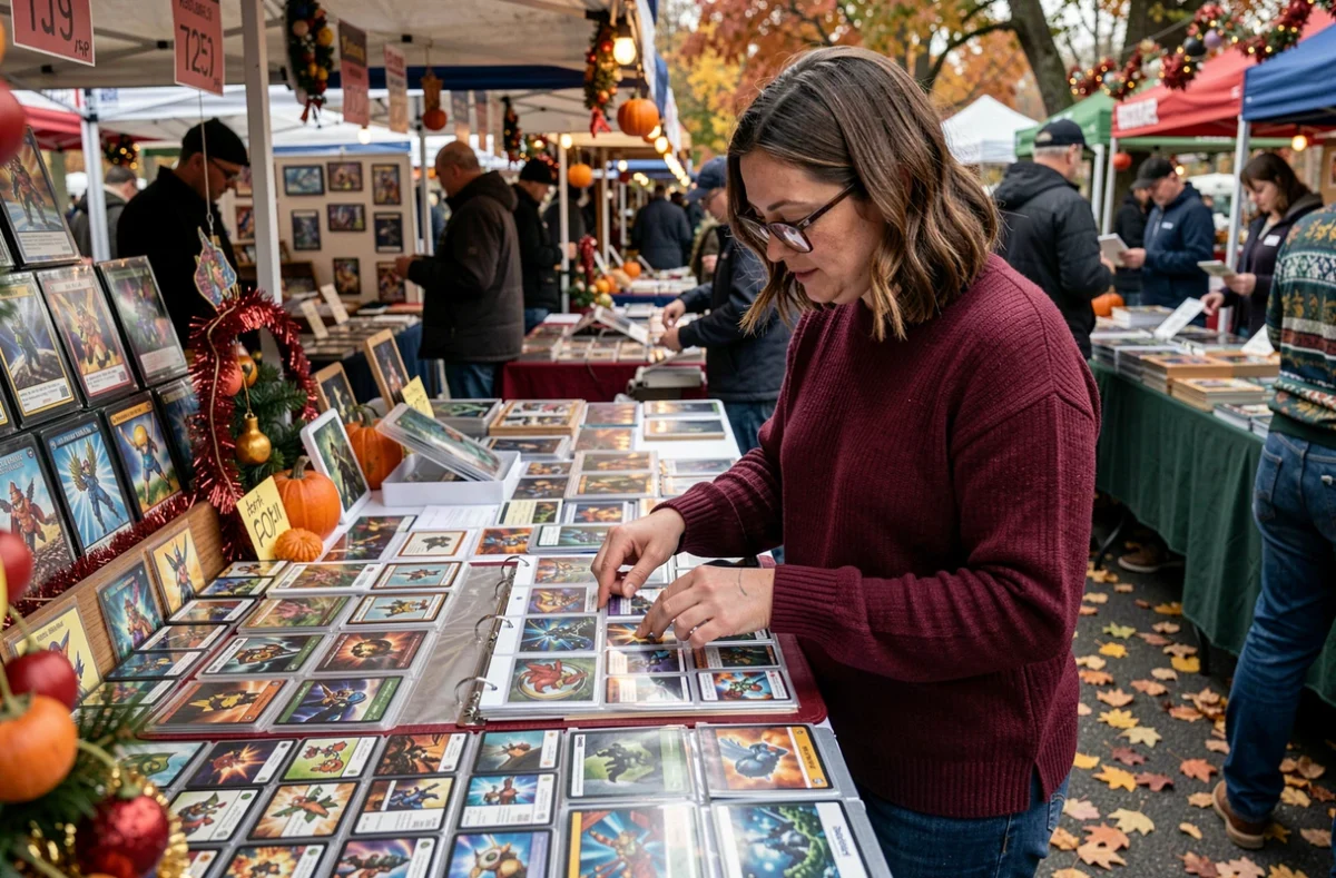 Femme parcourant des cartes Pokémon rares dans un marché aux puces en automne pour profiter des bonnes affaires saisonnières