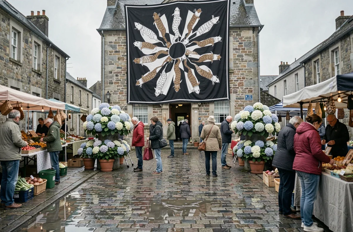 Place de marché bretonne avec le drapeau Gwenn-ha-Du aux hermines déployé sur une façade en pierre sous un ciel couvert