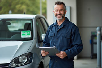 Mécanicien auto avec badge Euro 4 devant voiture