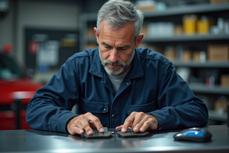 Mécanicien homme examine des plaquettes de frein hautes performances