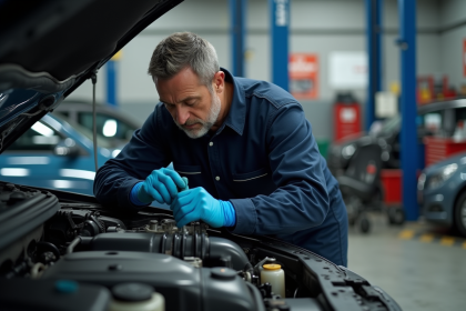 Mécanicien homme inspectant une courroie de moteur auto